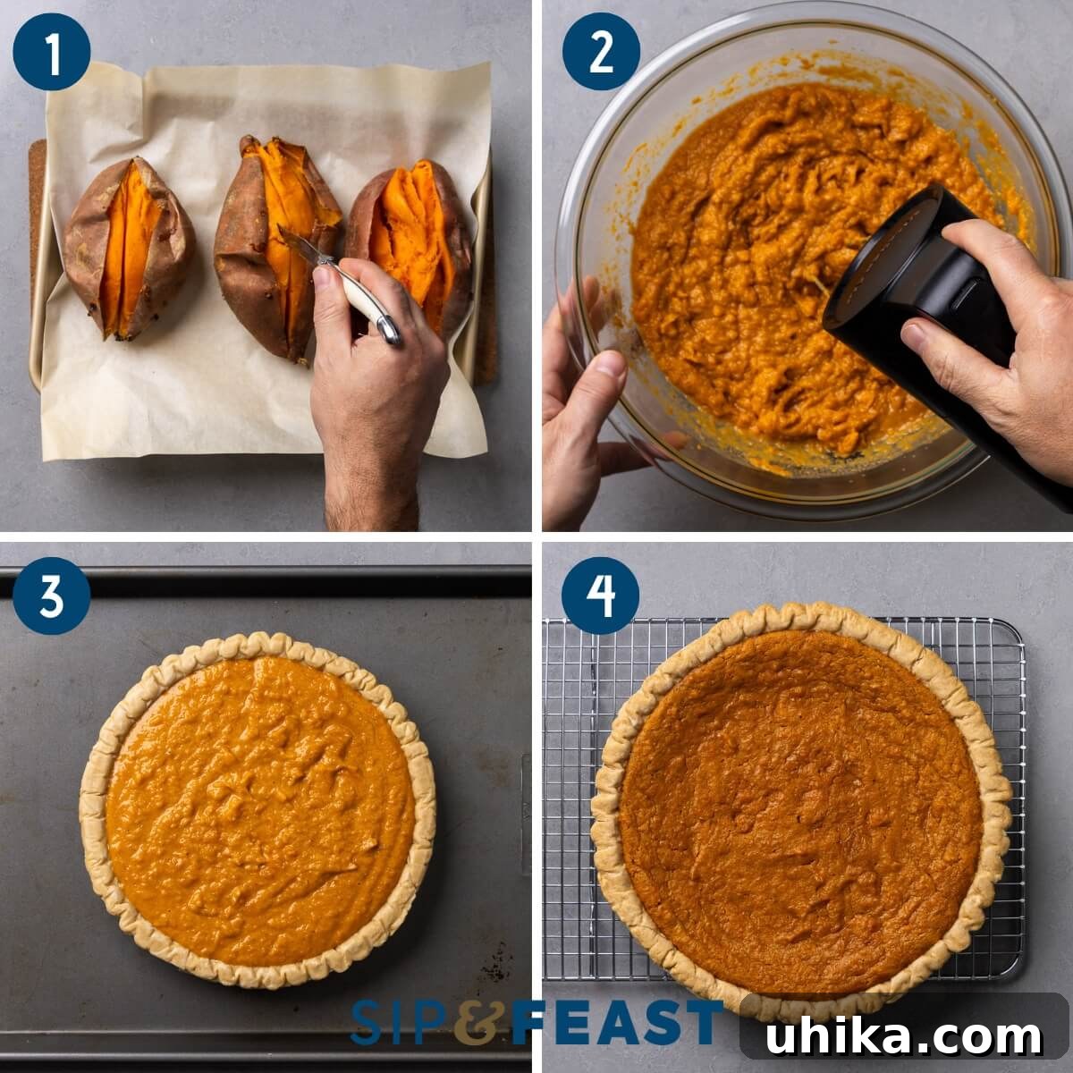 Velvet Sweet Potato Pie 5 Recipe process collage showing checking potatoes for doneness, mixing filling ingredients in a bowl, pouring the creamy filling into an unbaked pie shell, and the golden-brown baked pie cooling on a wire rack.