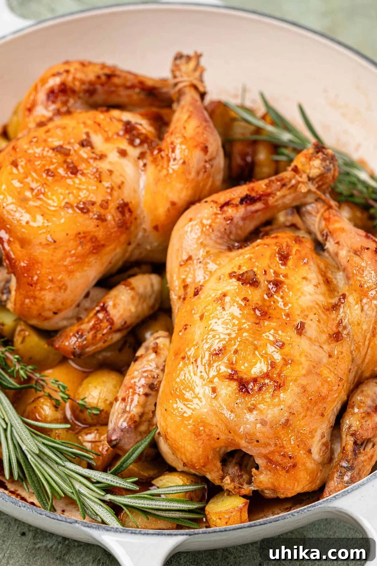 Golden Bourbon Glazed Cornish Hens 4 Two roasted cornish hens in an enameled cast iron braising pan with baby yellow potatoes and fresh rosemary and thyme.