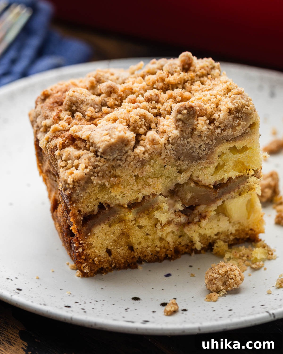 Scrumptious Apple Coffee Cake with Golden Streusel Topping 2 A delectable slice of apple coffee cake, showcasing its crumb topping, soft cake, and fruit filling, served on a pristine white plate.