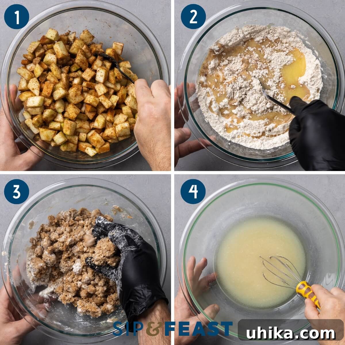 Scrumptious Apple Coffee Cake with Golden Streusel Topping 5 A collage showing the initial steps: mixing diced apples with cinnamon and brown sugar, adding melted butter to flour, creating the crumb topping, and beating oil with sugar for the cake batter.