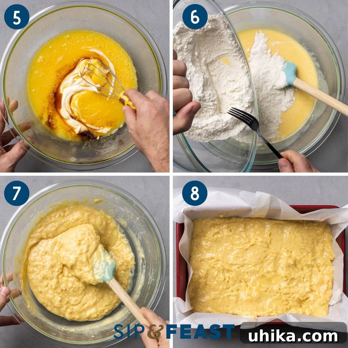 Scrumptious Apple Coffee Cake with Golden Streusel Topping 6 A collage demonstrating the cake batter preparation: adding eggs, sour cream, and vanilla to wet ingredients, combining dry and wet mixtures, mixing the batter, and spreading the first half of batter into the baking pan.