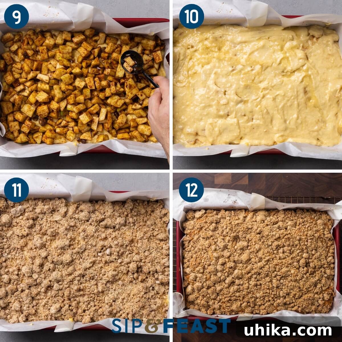 Scrumptious Apple Coffee Cake with Golden Streusel Topping 7 A collage illustrating the final assembly and baking: layering the apple filling, spreading the top cake layer, adding the crumb topping, and the finished baked apple coffee cake cooling on a wire rack.