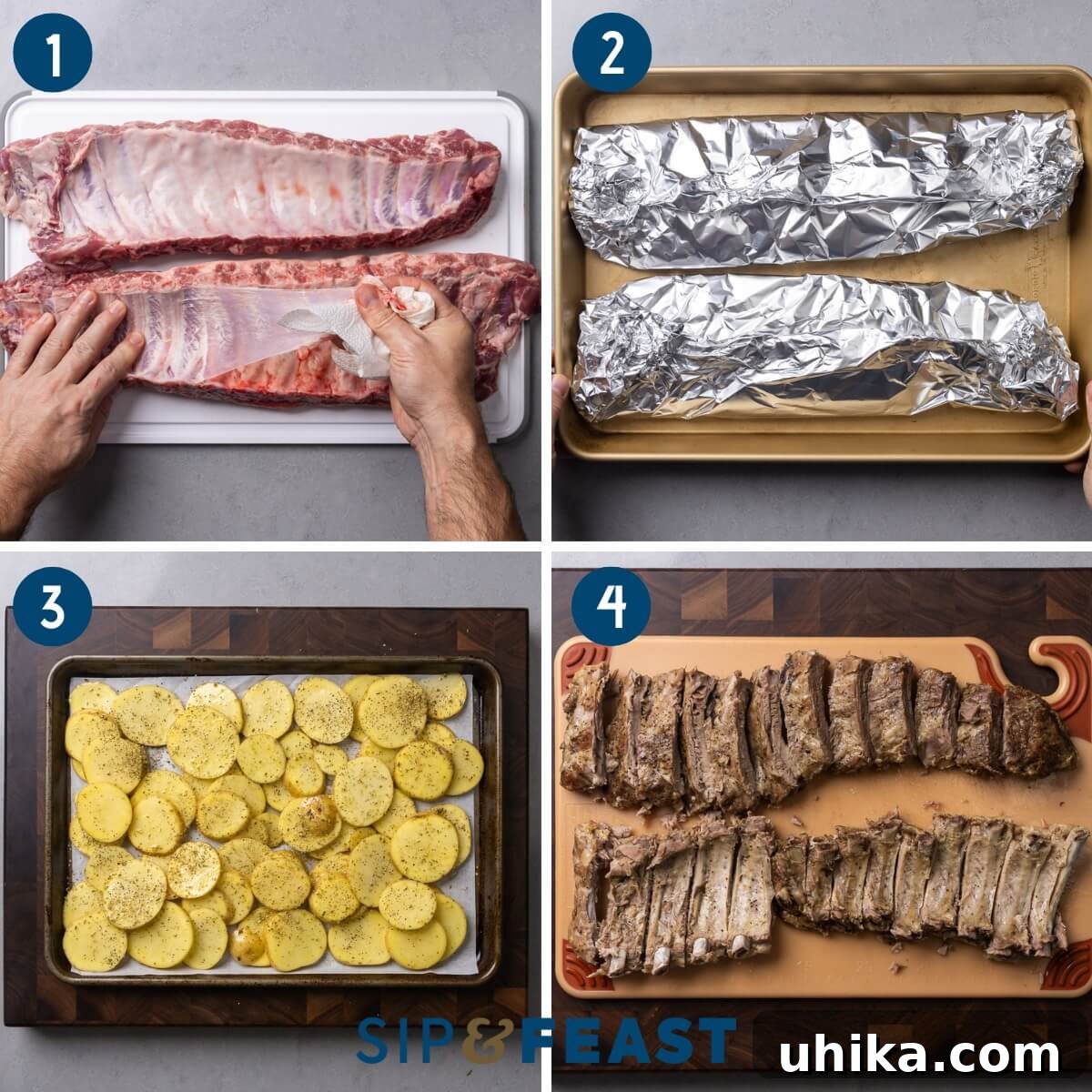 Sweet & Sticky Ribs with Golden Roasted Potatoes 5 Collage of recipe steps showing membrane removal from ribs, ribs wrapped in foil, seasoned potatoes on parchment paper, and sliced individual ribs.