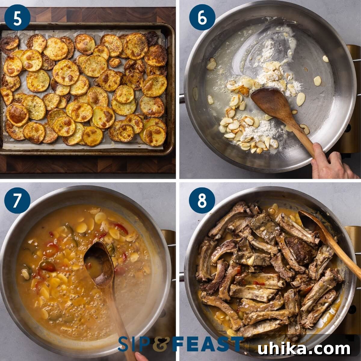 Sweet & Sticky Ribs with Golden Roasted Potatoes 6 Collage of recipe steps showing roasted potatoes, adding flour to a pan, boiling the sauce, and mixing ribs with the sauce.