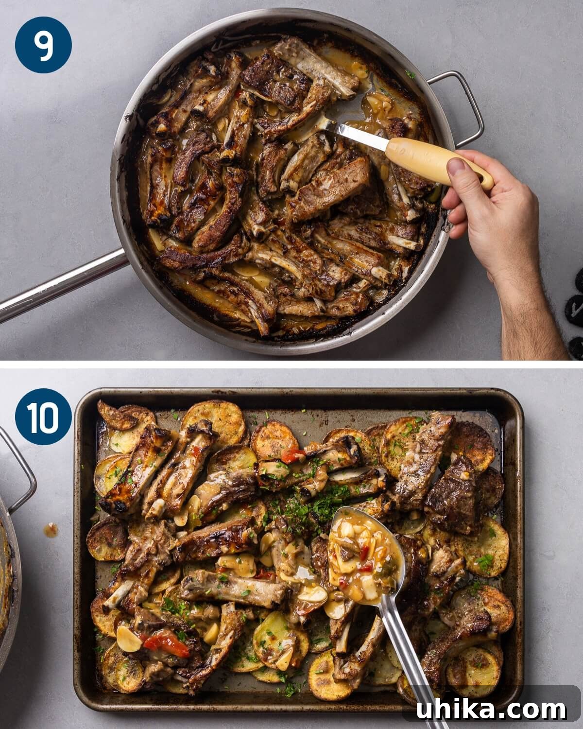 Sweet & Sticky Ribs with Golden Roasted Potatoes 7 Collage of recipe steps showing broiled ribs and serving the ribs and crispy potatoes with sauce.