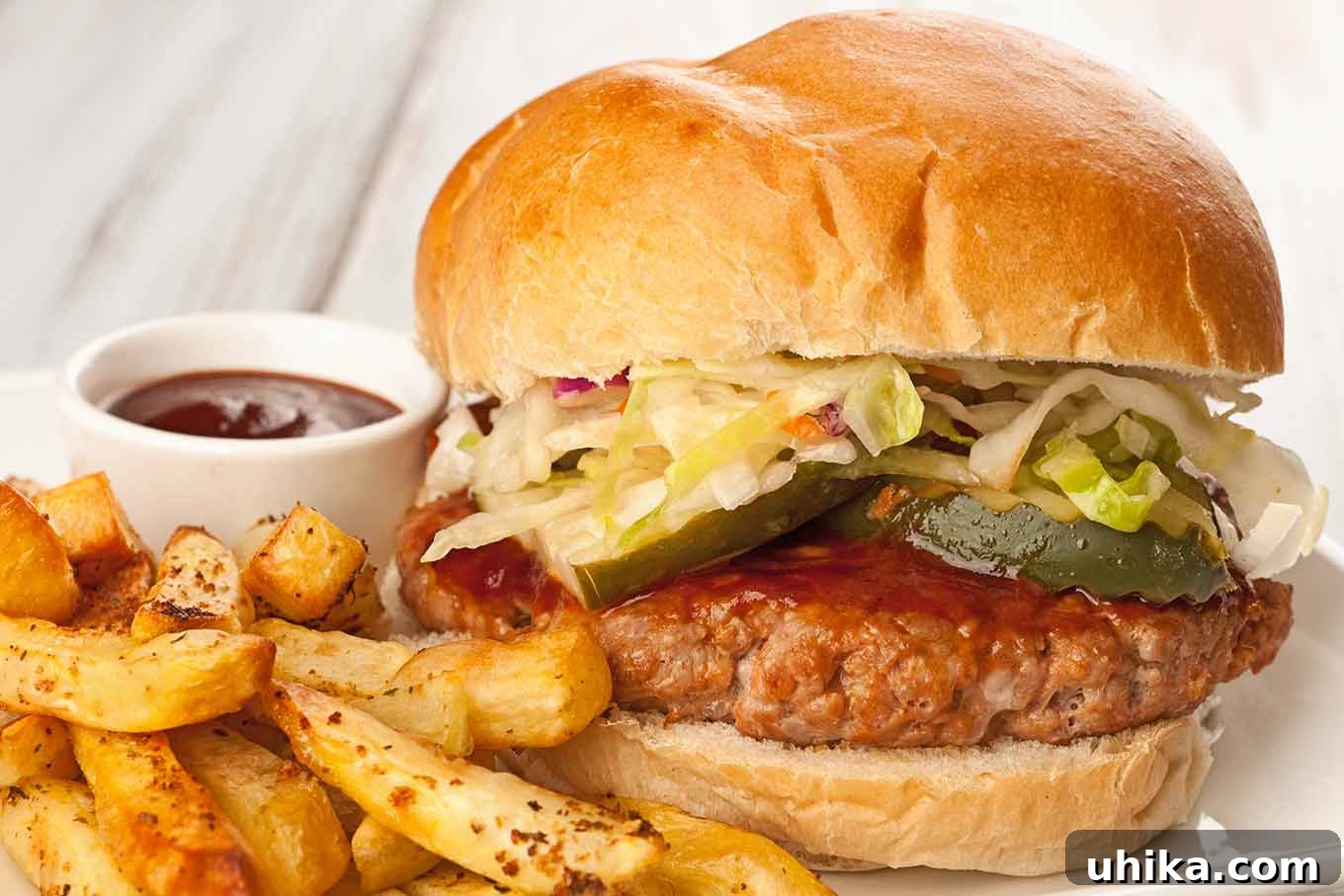 Flame-Kissed Pork Burgers 3 A barbecue pork burger on a plate with French fries and a small bowl of barbecue sauce for dipping.