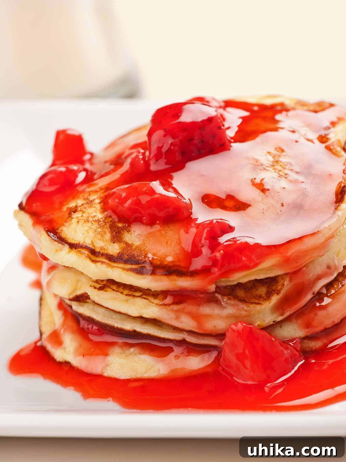 Heavenly Ricotta Pancakes with Sweet Strawberry Drizzle 2 Stack of fluffy ricotta pancakes topped with vibrant strawberry-orange sauce and chunks of fresh strawberries, served on a white plate, showcasing a delightful breakfast or brunch option.