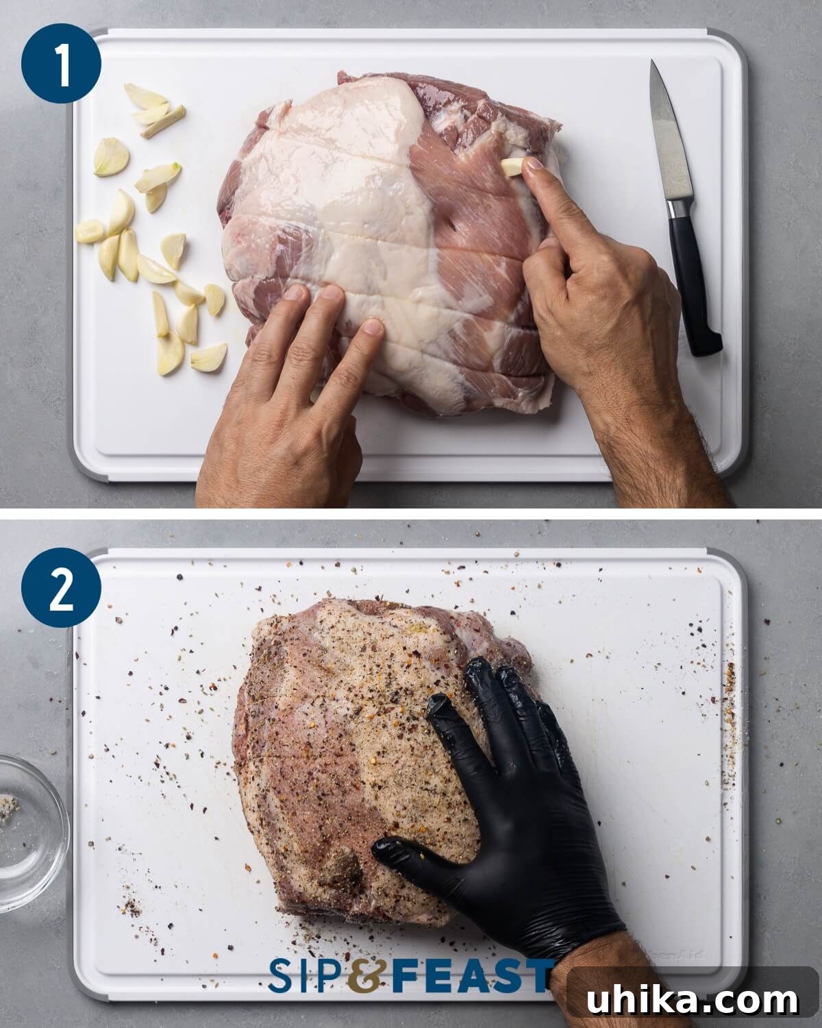 Slow Roasted Tuscan Pork Shoulder 5 A recipe collage showing the steps of inserting garlic slivers into the pork shoulder and then seasoning the meat with the spice rub.