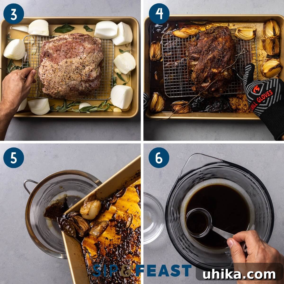 Slow Roasted Tuscan Pork Shoulder 6 A collage displaying the roasting process: pork in a pan with aromatics, checking internal temperature, the perfectly roasted pork, straining pan drippings, and separating fat for gravy.