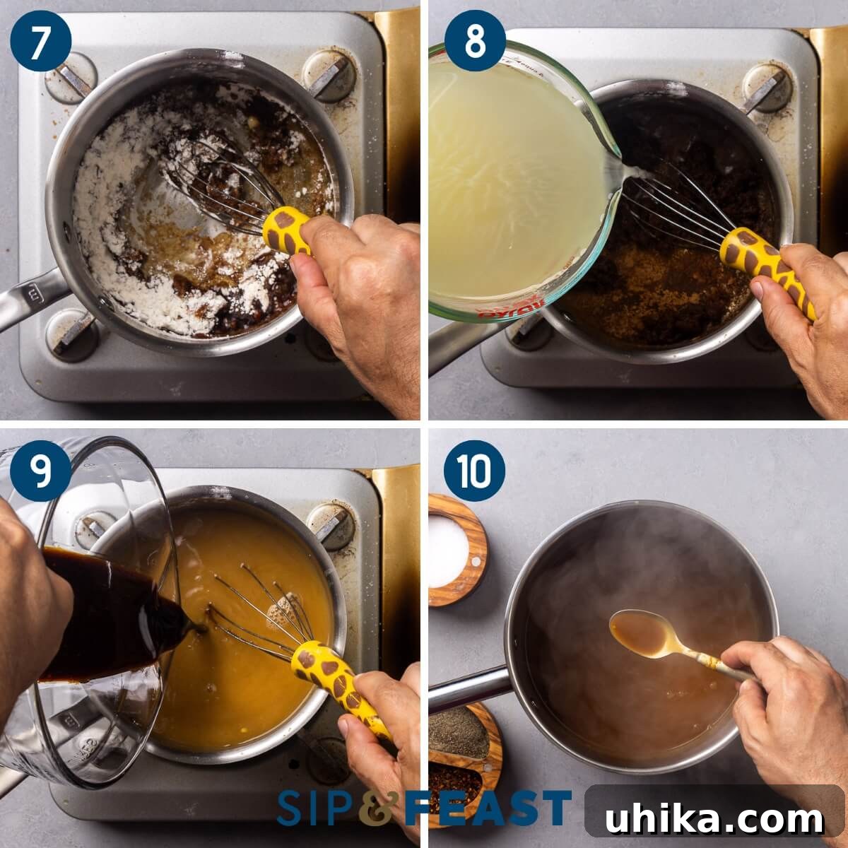 Slow Roasted Tuscan Pork Shoulder 7 A collage illustrating the gravy making process: preparing the roux, whisking in chicken stock, adding more drippings for flavor, and seasoning the finished gravy.