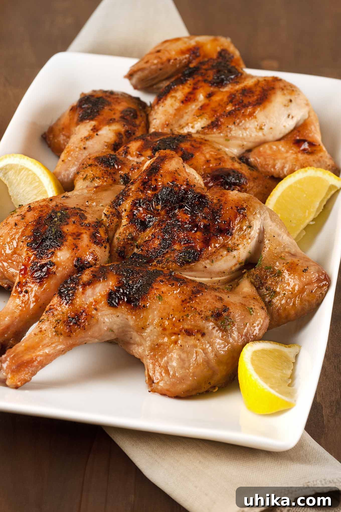 Golden Grilled Cornish Delights 2 Grilled spatchcocked, honey-glazed Cornish hens with charred skin on a white platter with lemon wedges on the side. A perfect dish for summer entertaining.