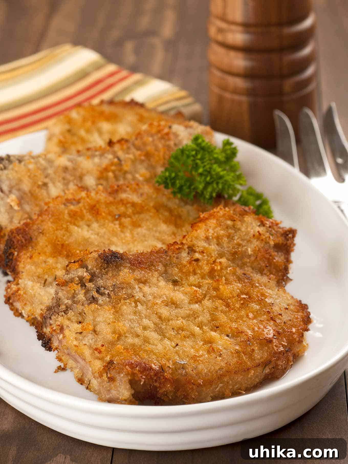 Effortless Crispy Oven Pork Chops 2 An oval plate with three golden-brown, oven-fried breaded pork chops, garnished with fresh parsley, with a pepper mill and serving fork in the background.