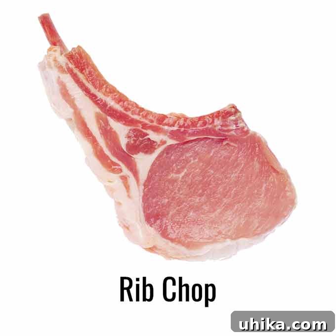 Effortless Crispy Oven Pork Chops 3 A raw pork rib chop on a clean white background, showcasing the bone and marbling.