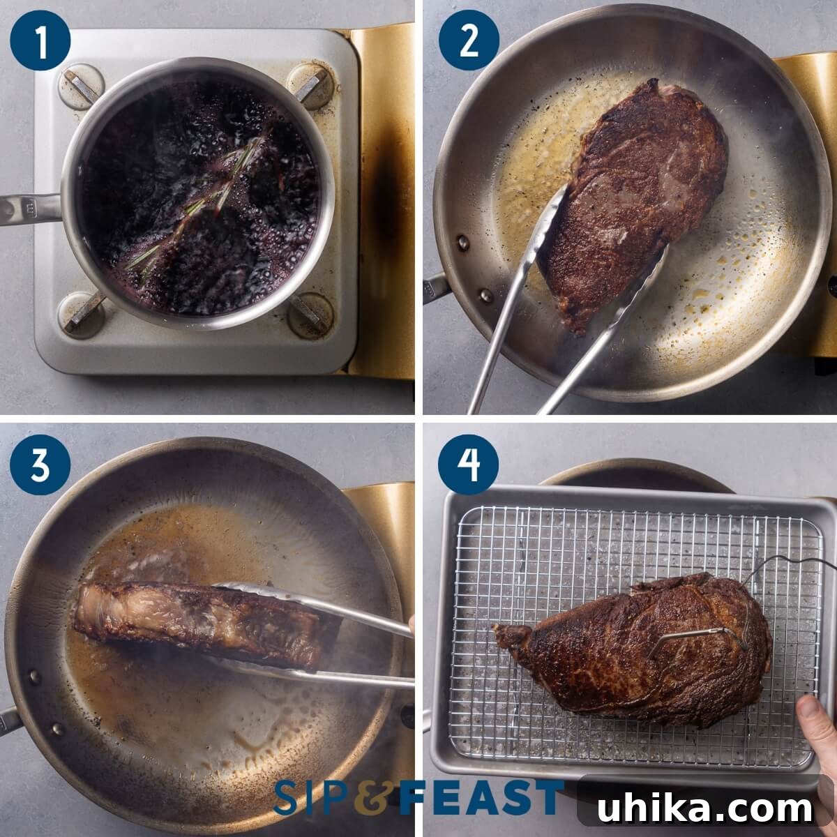 Decadent Ribeye with Red Wine Reduction 5 Recipe process shot collage group one showing reducing red wine in saucepot, searing steak in a pan, holding tongs to sear sides of steak, and probing steak with an oven-safe thermometer.