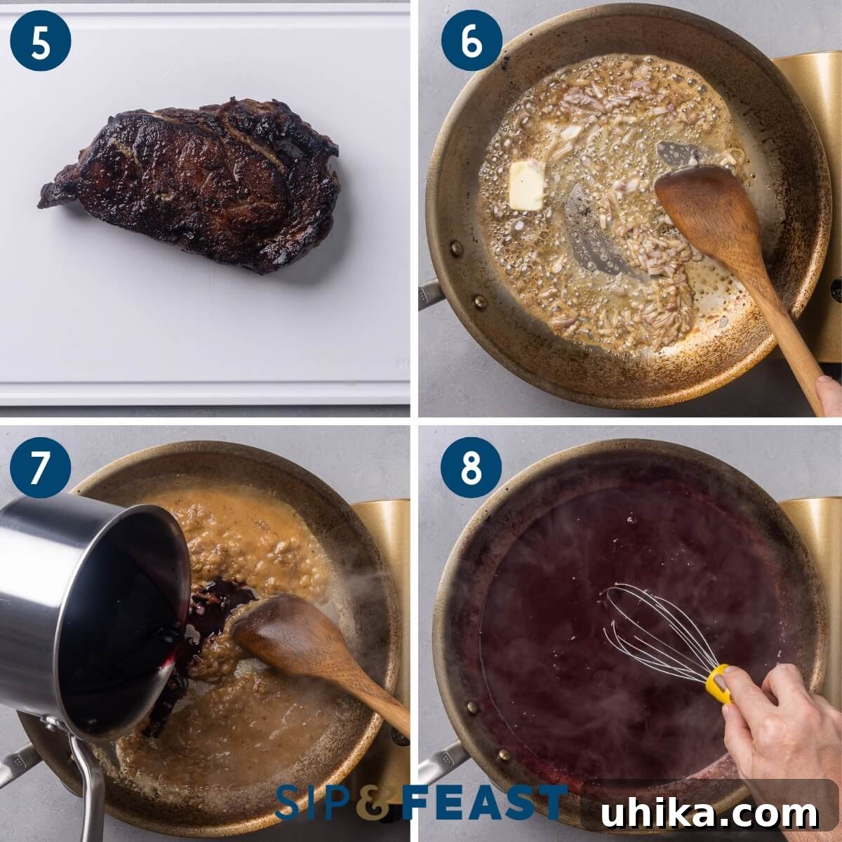 Decadent Ribeye with Red Wine Reduction 6 Collage two showing cooked ribeye steak resting on a cutting board, sautéing shallots in butter in a pan, adding red wine reduction to the sauce, and whisking in cold butter to finish the sauce.