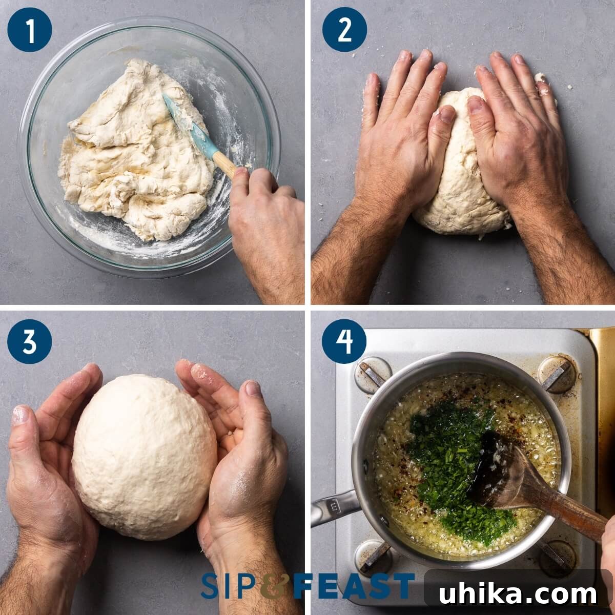 Gooey Garlic Stuffed Cheese Rolls 5 A four-panel photo collage demonstrating the initial preparation steps for cheesy garlic rolls. Clockwise from top-left: Mixing dry ingredients in a bowl, kneading dough on a floured surface, dough resting as a smooth ball in an oiled bowl, and sautéing minced garlic in butter and olive oil.