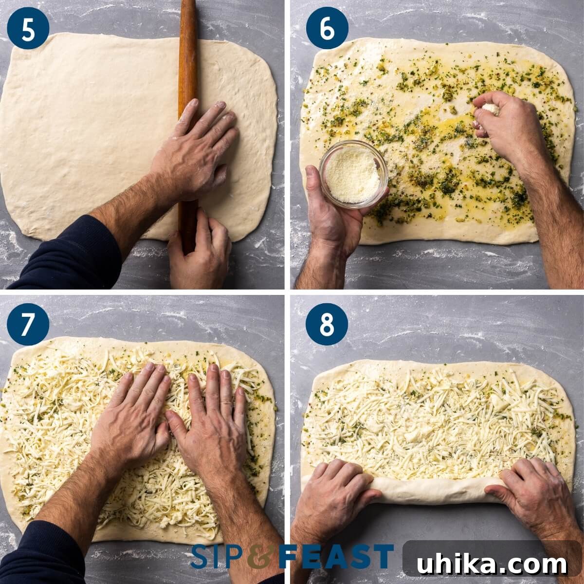 Gooey Garlic Stuffed Cheese Rolls 6 A three-panel photo collage showcasing the assembly of cheesy garlic rolls. Top: Dough being rolled into a rectangular shape. Middle: Garlic butter and grated Pecorino Romano cheese being spread evenly over the dough. Bottom: Shredded mozzarella cheese being sprinkled and gently pressed onto the dough, ready for rolling.