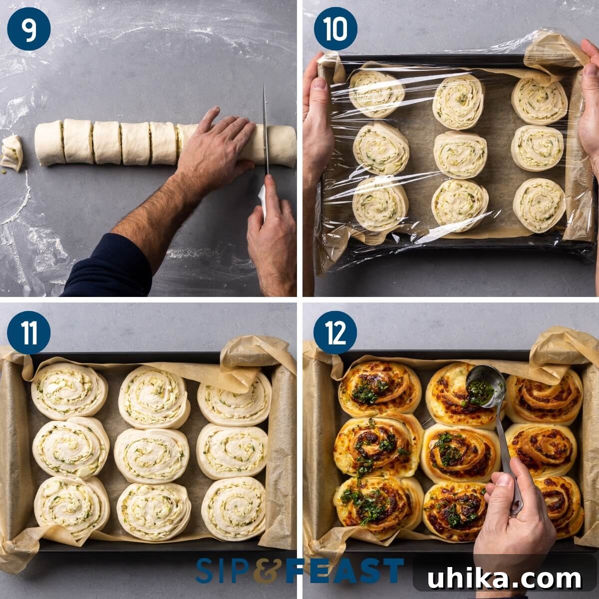 Gooey Garlic Stuffed Cheese Rolls 7 A three-panel photo collage depicting the final stages of making cheesy garlic rolls. Top: A long dough cylinder being sliced into individual rolls. Middle: The rolls are arranged in a baking dish and covered with plastic wrap, ready for their second rise. Bottom: Fully risen, golden-brown rolls fresh out of the oven, being brushed with warm garlic butter.