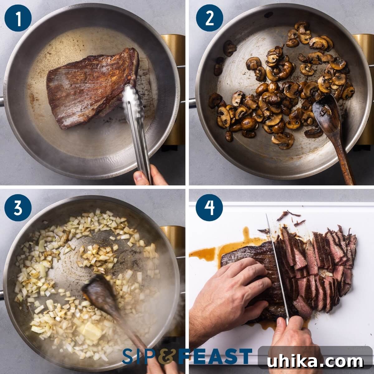 Recipe process shot collage group one showing searing of flank steak, sauteing mushrooms, sauteing onions, and slicing the steak against the grain.