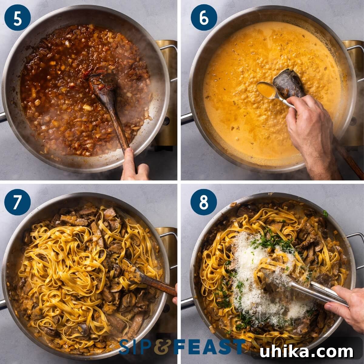 Recipe collage two showing bringing the bourbon sauce to boil, simmering the cream sauce, mixing in the pasta and mushrooms, and finally mixing in the parmesan cheese and fresh parsley.