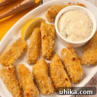 A serving platter of oven-fried fish sticks with a golden crispy coating, served with tartar sauce and lemon wedge.