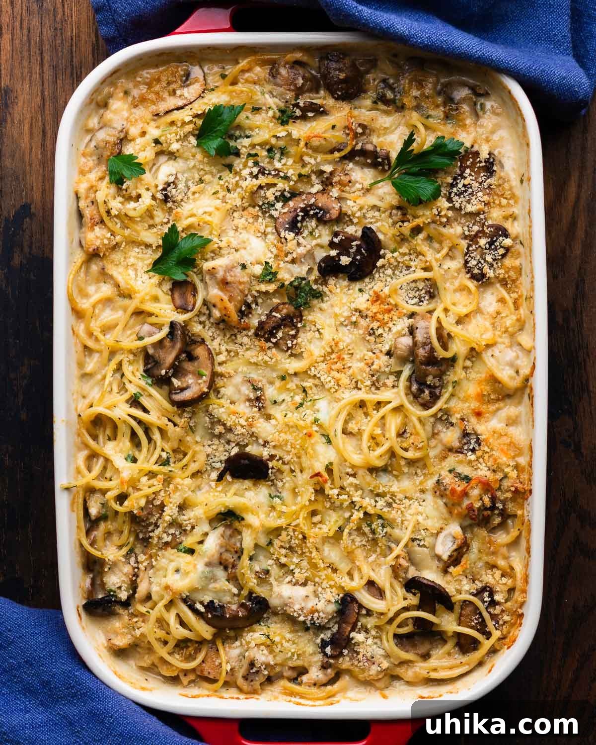 Creamy Comfort Chicken Tetrazzini 2 A large red baking dish filled with golden-brown Chicken Tetrazzini, garnished with fresh parsley, sitting on a rustic wooden table.