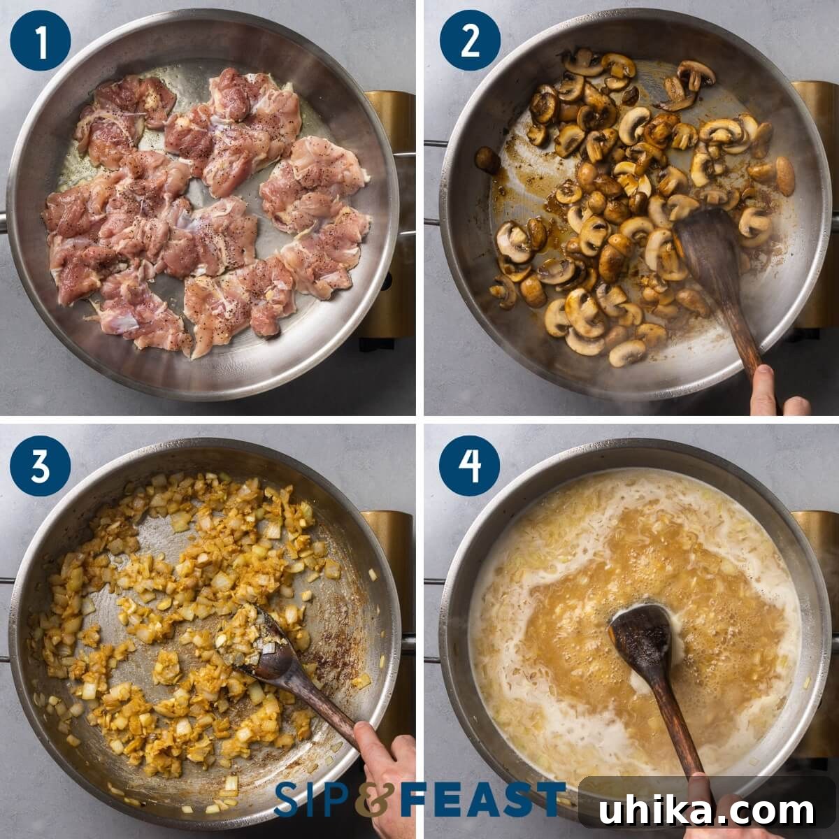 Creamy Comfort Chicken Tetrazzini 5 A four-panel collage showing the initial cooking steps of Chicken Tetrazzini: searing chicken thighs in a pan, sautéing sliced mushrooms until browned, creating a roux with butter, onions, and flour, and deglazing the pan with white wine and chicken stock.