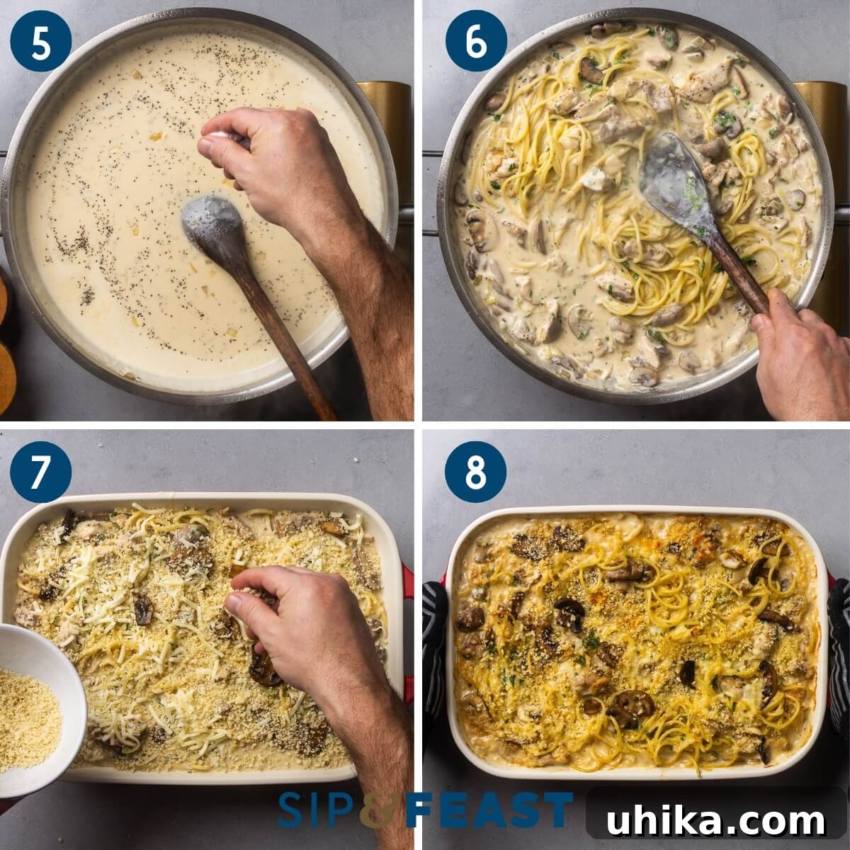 Creamy Comfort Chicken Tetrazzini 6 A four-panel collage illustrating the final assembly and baking of Chicken Tetrazzini: seasoning the creamy sauce, mixing the cooked spaghetti, chicken, and mushrooms into the sauce, pouring the mixture into a baking dish and topping with cheese and breadcrumbs, and finally, the golden-brown baked casserole.