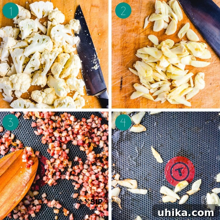 Rigatoni with Cauliflower and Bacon Prep Steps A collage showing the initial steps of preparing rigatoni with cauliflower and bacon: chopping cauliflower and garlic, and sautéing bacon.