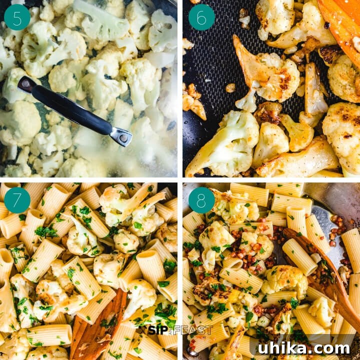 Cooking Rigatoni with Cauliflower and Bacon Steps A collage showing the cooking process for rigatoni with cauliflower and bacon: steaming cauliflower, adding pasta water, and combining ingredients.
