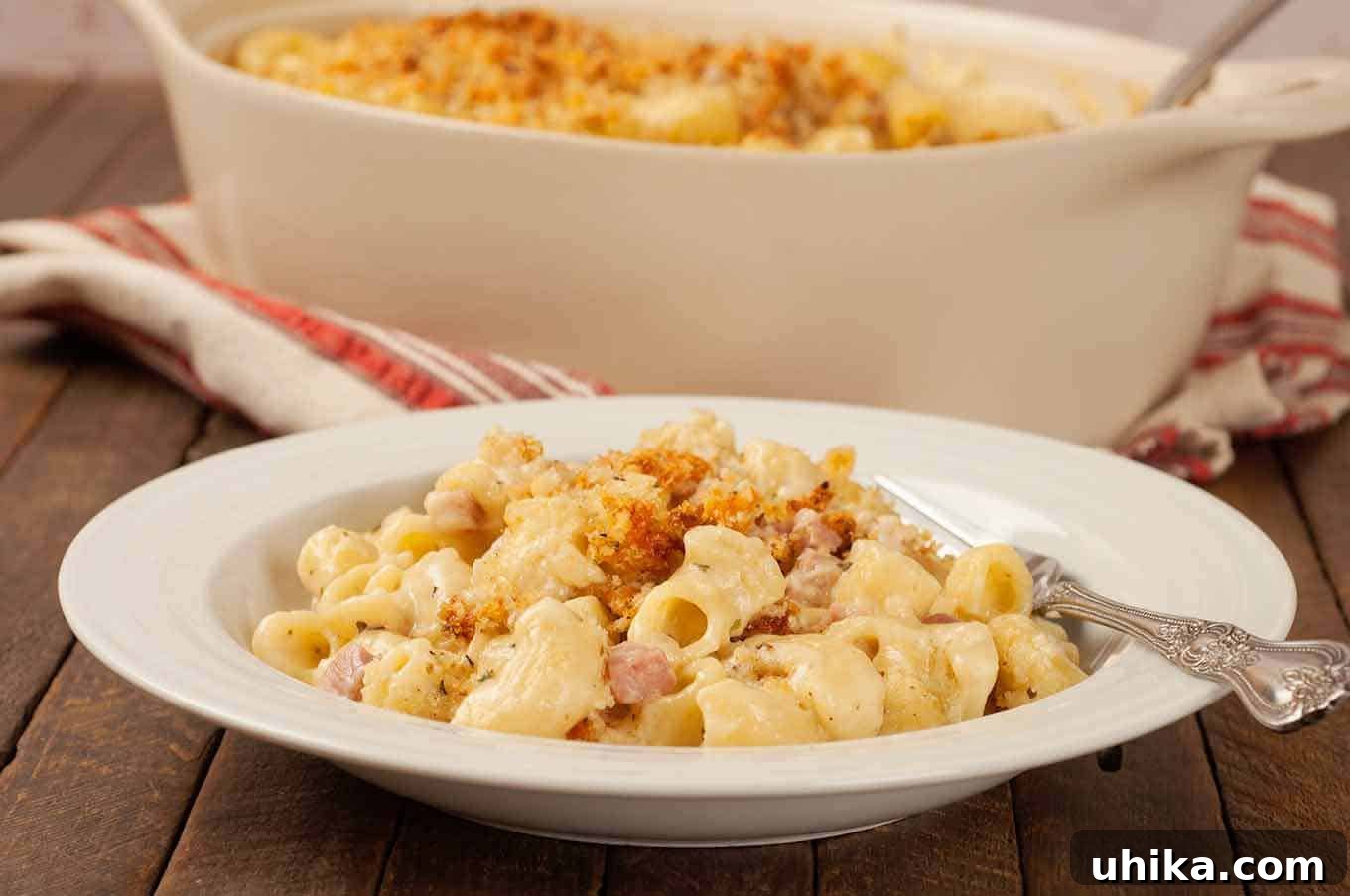 Classic French Macaroni Gratin 3 A shallow white bowl holds a generous serving of French-inspired macaroni and cheese, topped with golden breadcrumbs. A fork rests beside it, with the full casserole dish visible in the soft-focus background, suggesting a complete and satisfying meal.