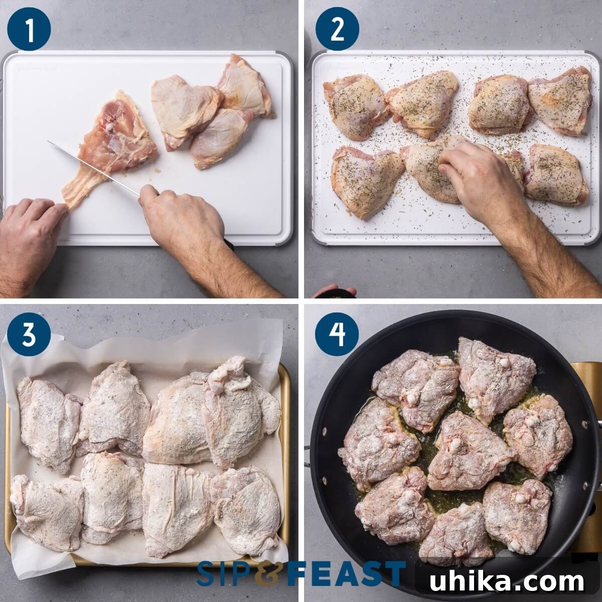 Rustic Provencal Roast Chicken 5 Recipe process shot collage group one showing trimming excess skin from chicken thighs, seasoning the chicken, dredging chicken in flour, and searing the chicken thighs in a pan.