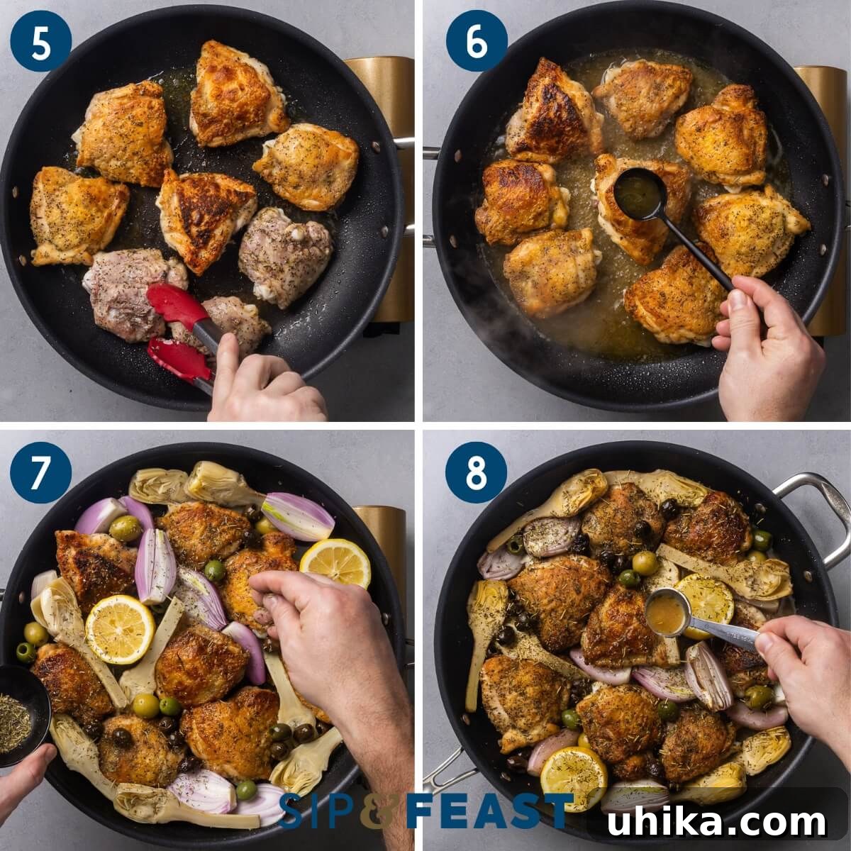 Rustic Provencal Roast Chicken 6 Collage two showing searing the chicken, spooning sauce onto chicken, adding artichoke hearts, shallots, olives, and lemons to the pan, and basting the chicken with sauce before roasting.