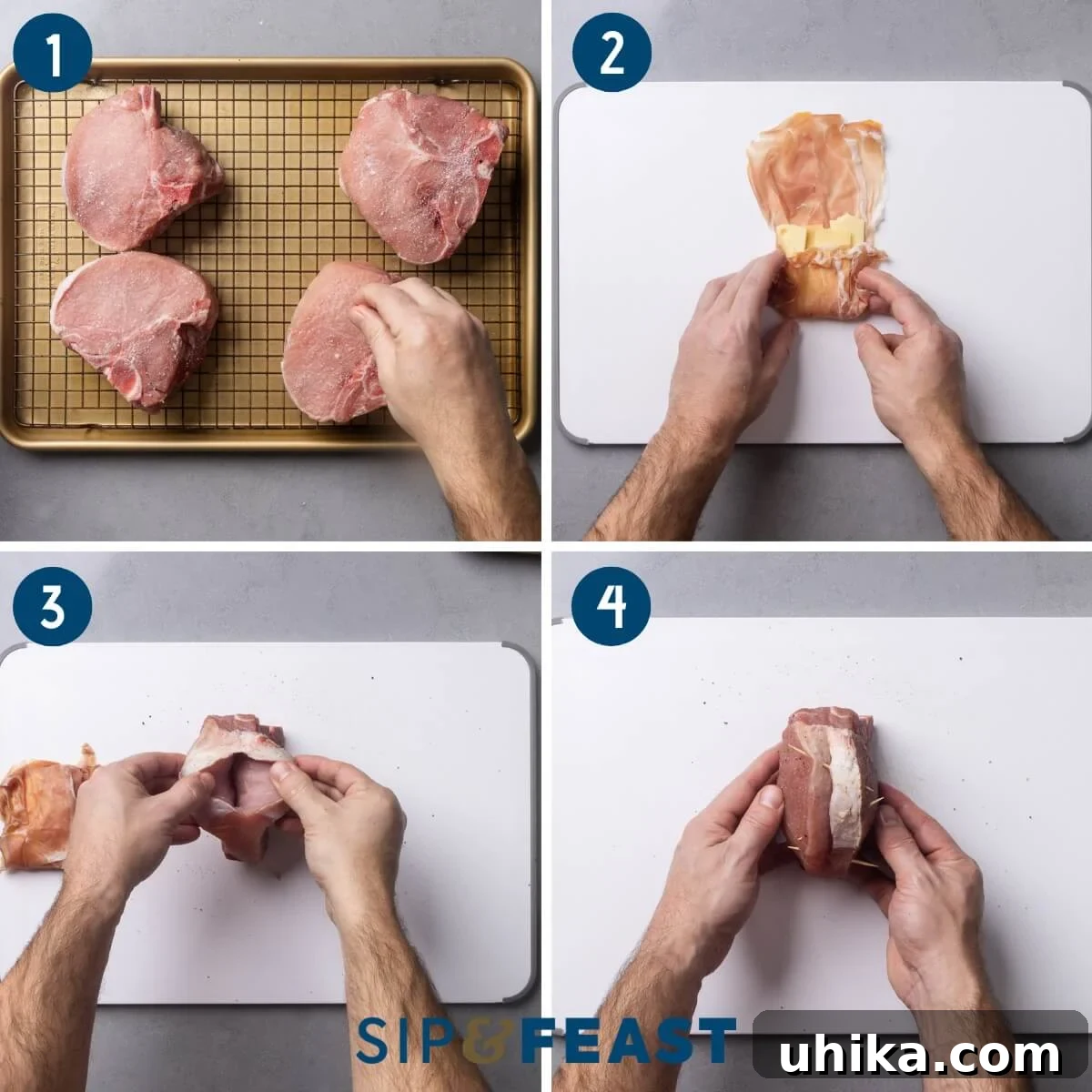 Creamy Fontina and Savory Prosciutto Stuffed Pork Chops 5 Recipe process shot collage group one showing salting of pork chops, wrapping prosciutto around fontina cheese, making a pocket in the chops, and stuffing the chops and securing with toothpicks.