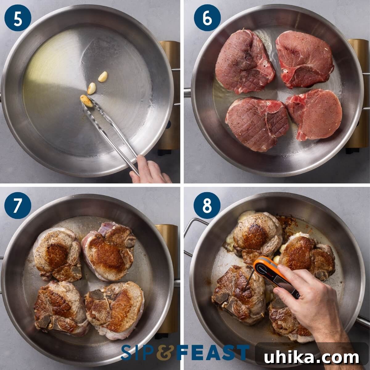 Creamy Fontina and Savory Prosciutto Stuffed Pork Chops 6 Collage two showing sautéing garlic in a large pan, searing the pork chops until golden, and checking the internal temperature with an instant-read thermometer.