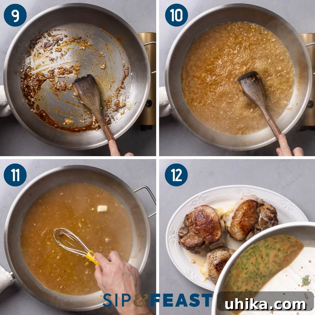 Creamy Fontina and Savory Prosciutto Stuffed Pork Chops 7 Collage three showing sautéing of shallots for the sauce, bringing the sauce to a boil, whisking in cold butter, and pouring the finished sauce over the resting pork chops.
