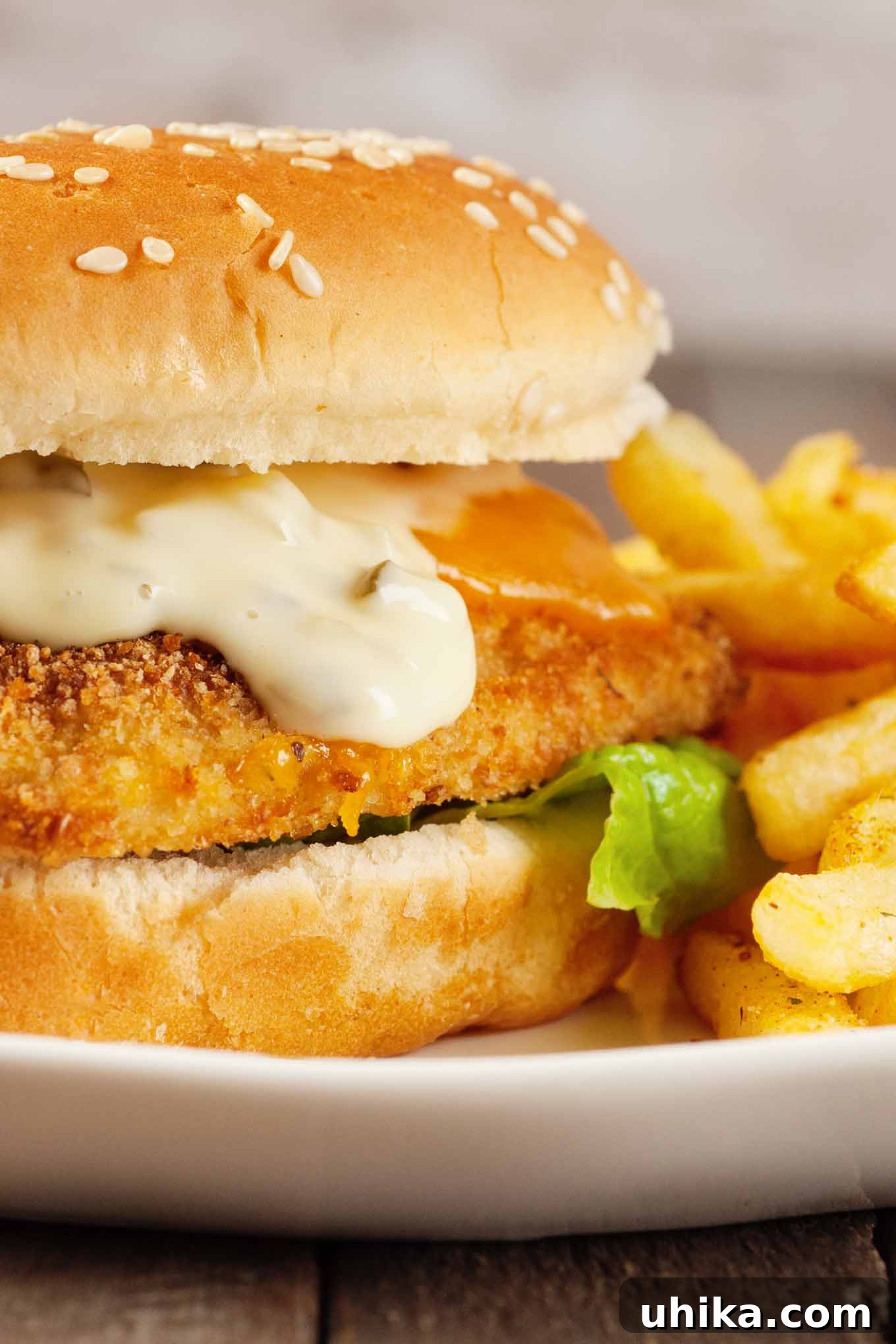 Golden Crispy Fish Sandwiches 2 A close-up view of an oven-fried fish fillet on a seeded roll with melted cheese, tartar sauce, and lettuce, and fries on the plate to the right.