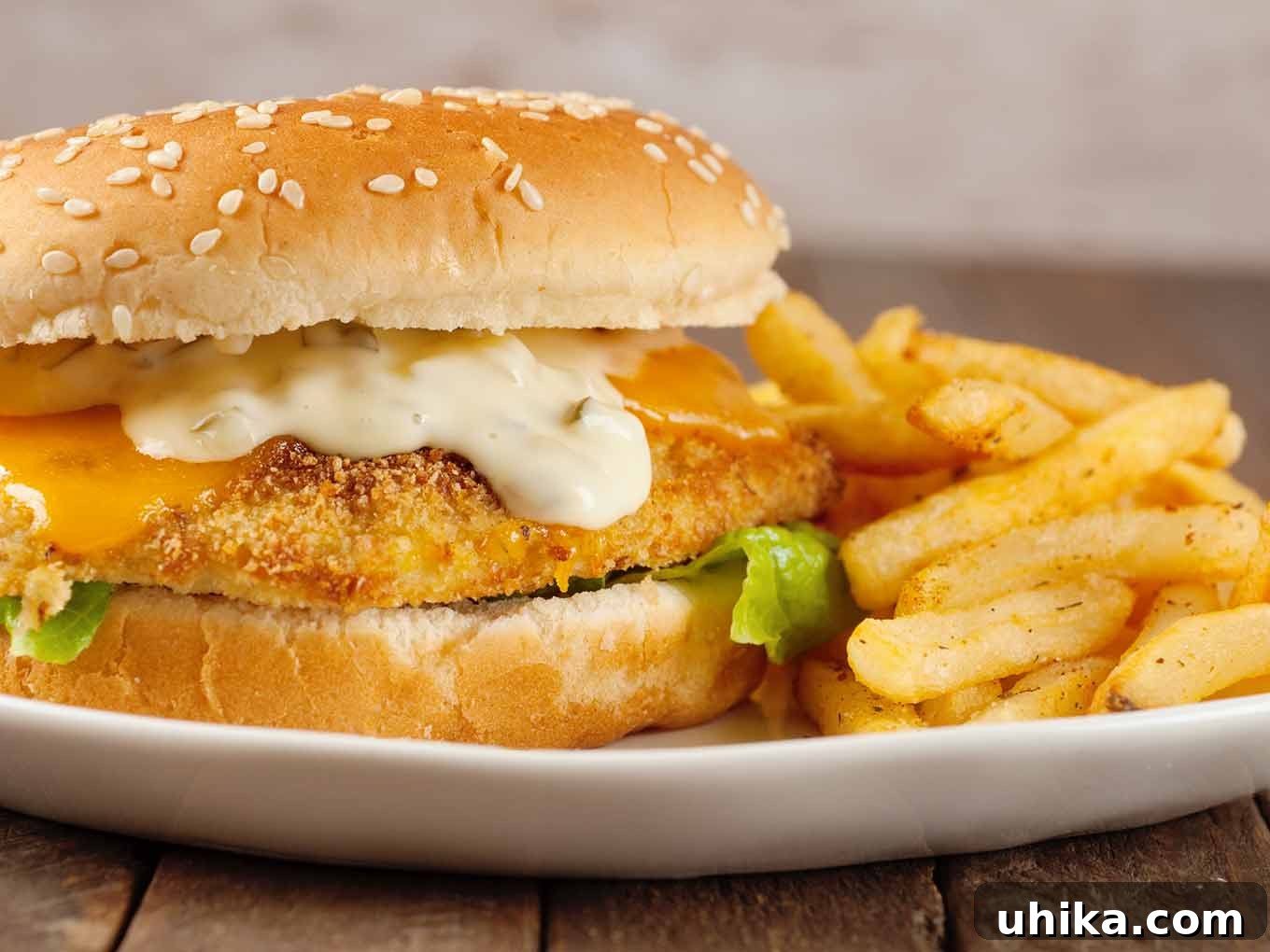 Golden Crispy Fish Sandwiches 3 An oven-fried fish fillet on a seeded soft roll with melted cheddar cheese, tartar sauce, and lettuce, and fries on the plate to the right.
