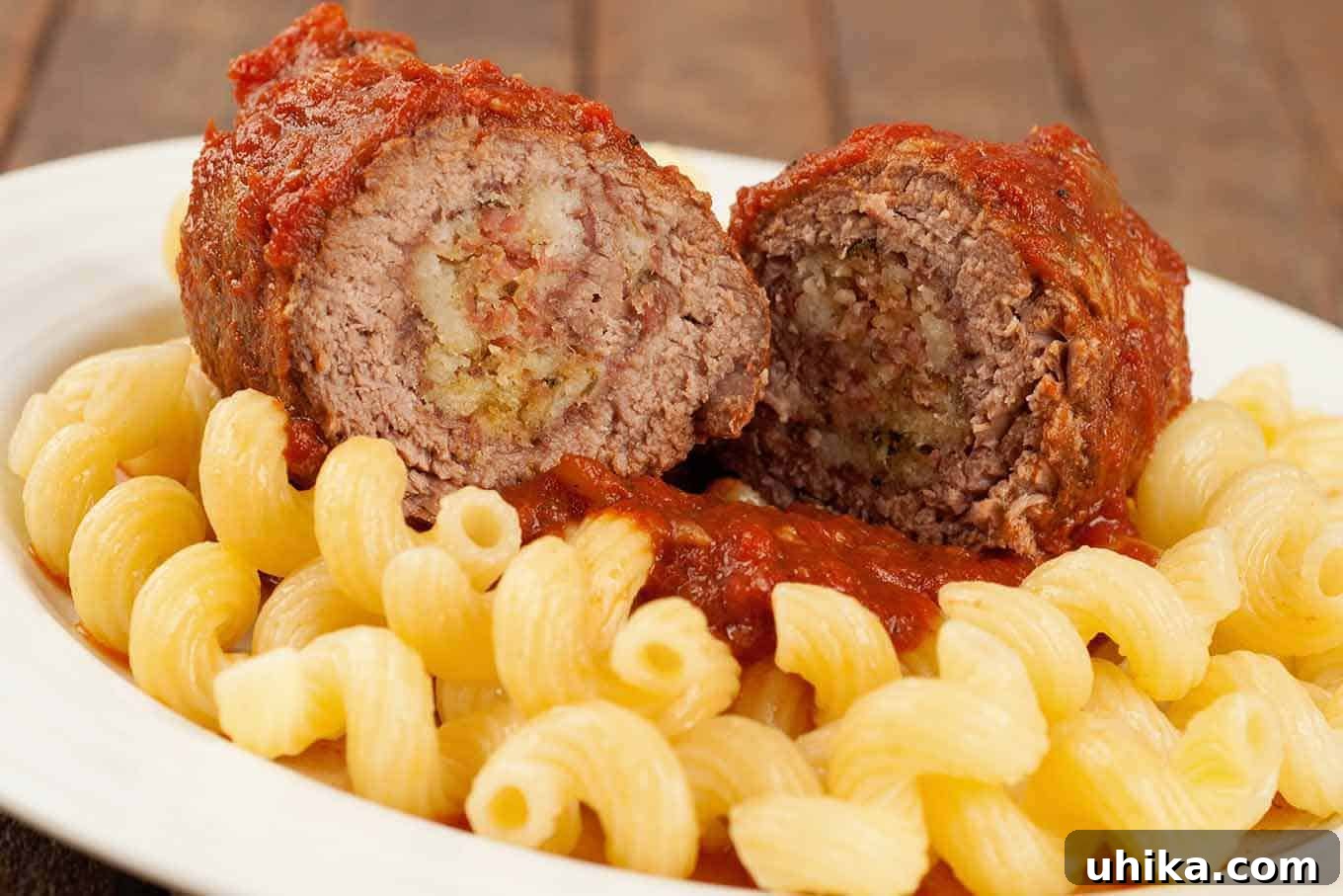 Effortless Italian Comfort Slow Cooker Braciole 3 Slow cooker Italian beef braciole, sliced to show the filling of salami, breadcrumbs, and cheese.