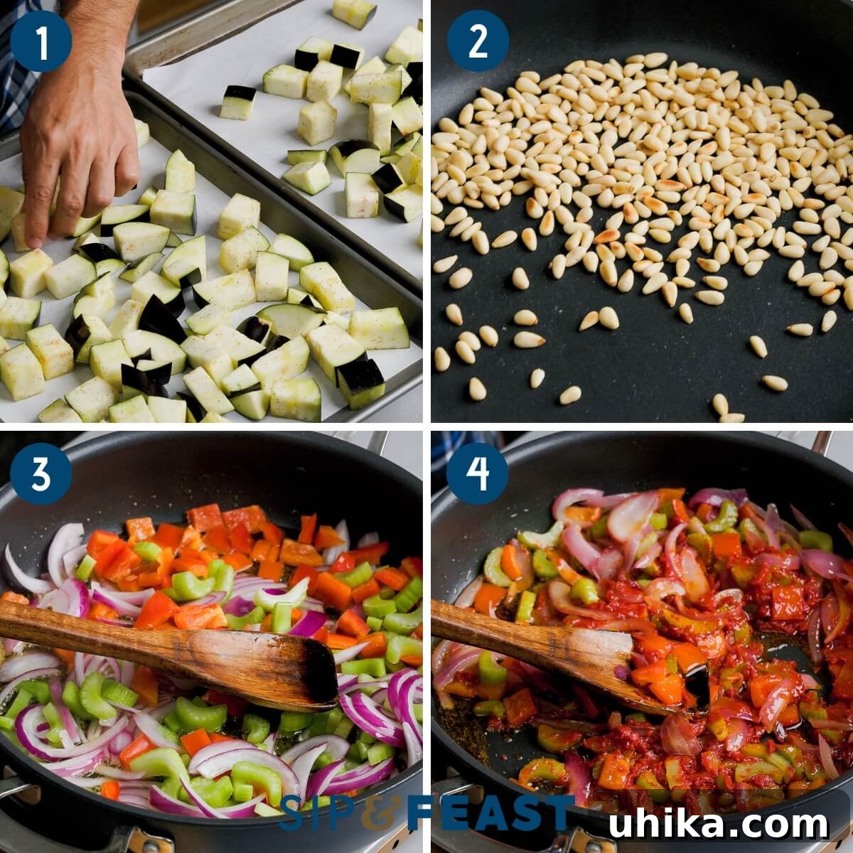 A collage of process images showing the initial steps of making eggplant caponata: spreading seasoned eggplant on a baking sheet, toasting pine nuts in a pan, sautéing onions, celery, and bell pepper, and stirring in tomato paste.