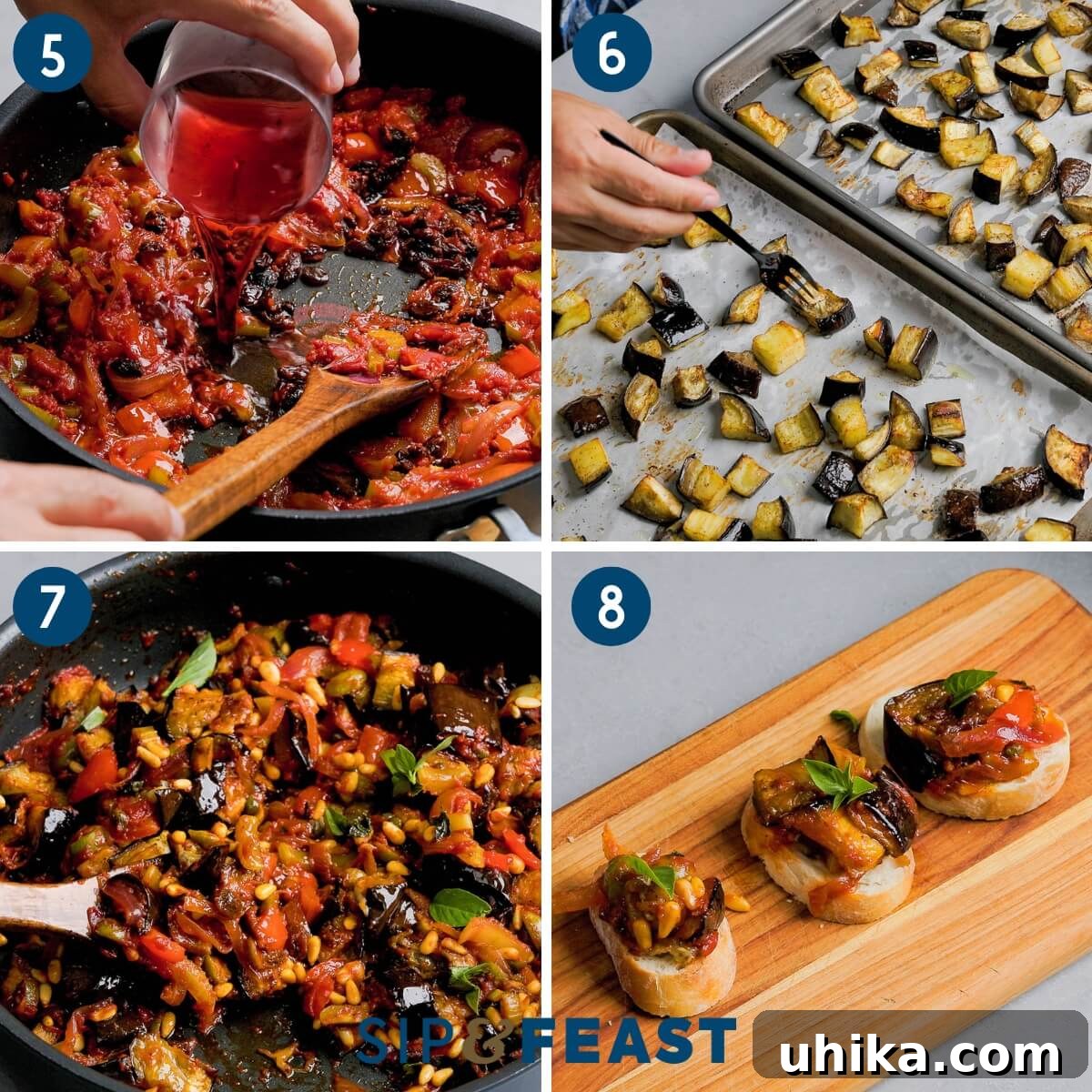 A collage of process images showing the final steps of making eggplant caponata: adding red wine vinegar to the sauce, testing roasted eggplant for tenderness, gently mixing roasted eggplant into the pan, and a finished serving of caponata on crostini.