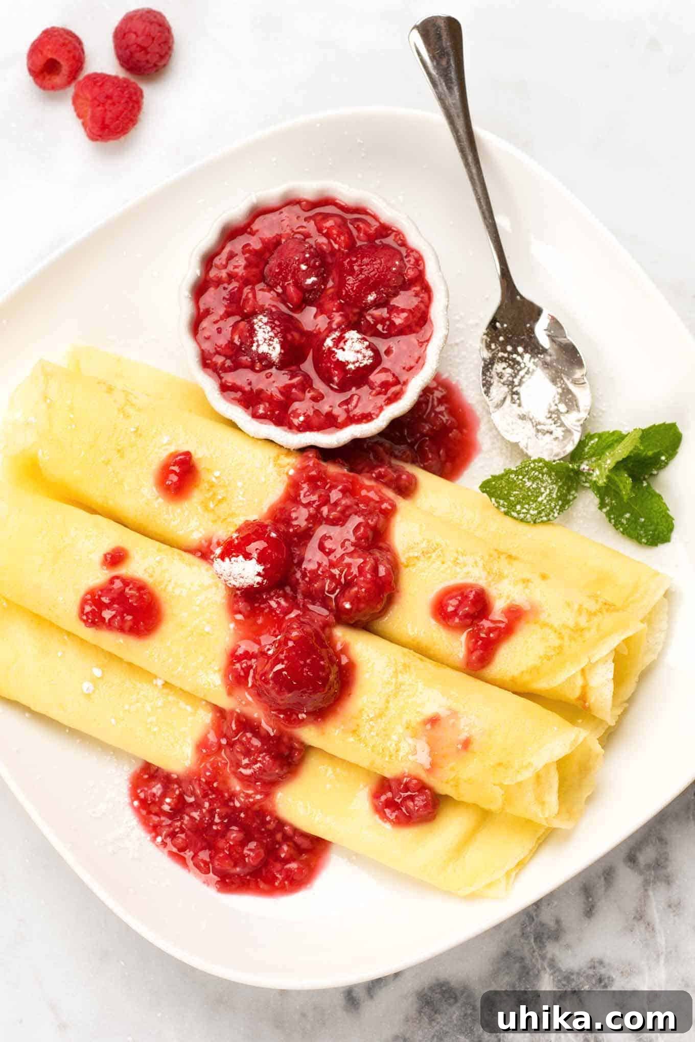 Palacsinta Hungarian Crêpes 2 Three Hungarian crepes filled with sweetened cottage cheese, topped with raspberry sauce and powdered sugar, garnished with fresh mint.