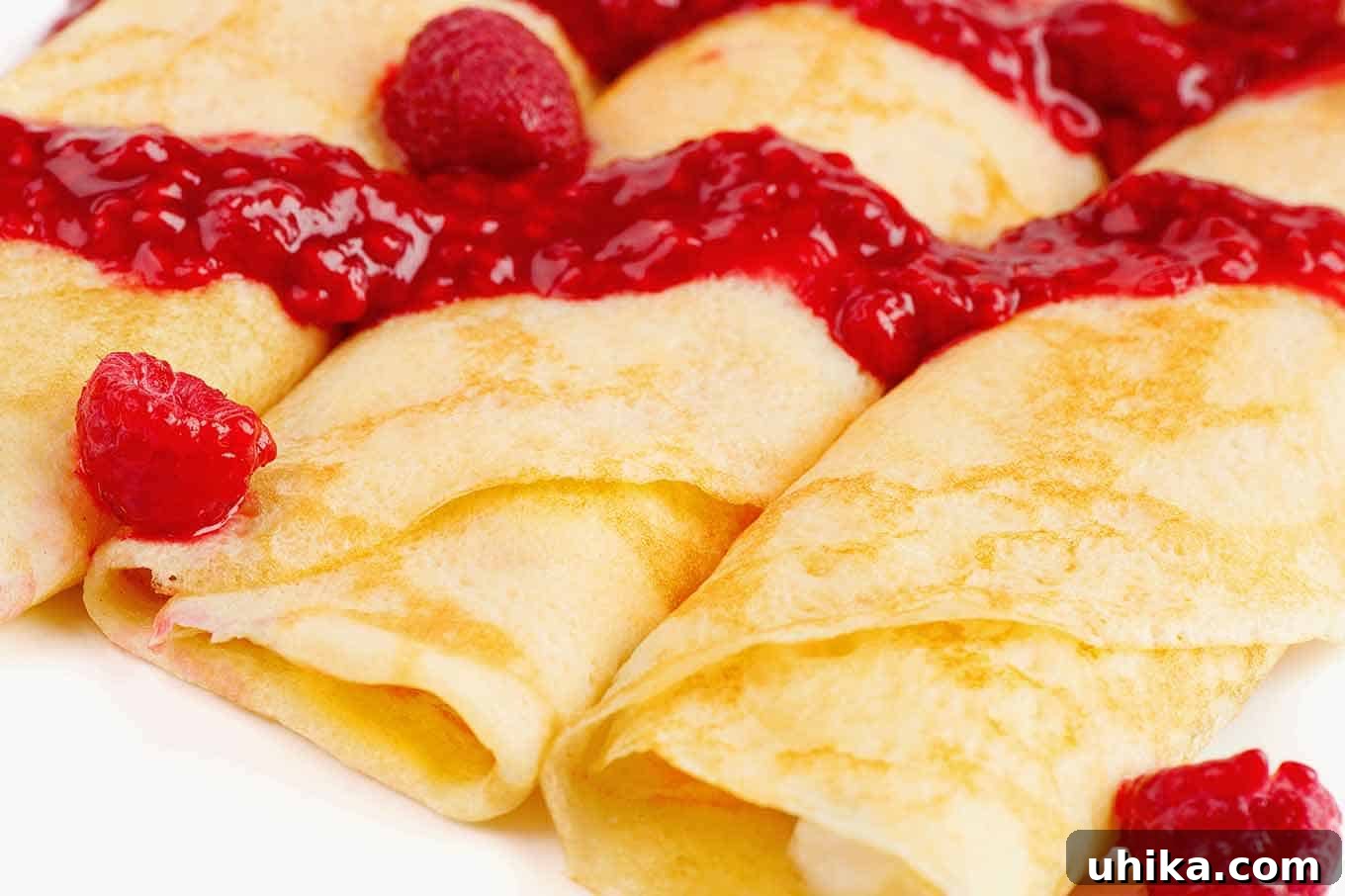 Palacsinta Hungarian Crêpes 4 A close up view of rolled Hungarian crepes filled with sweetened cottage cheese and lemon filling, topped with fresh raspberry sauce.