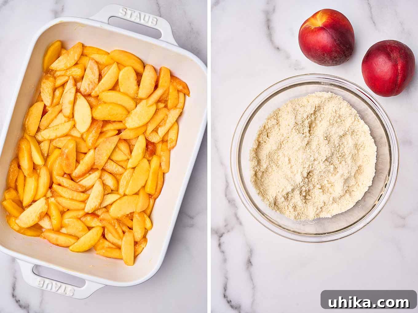 Summertime Fresh Peach Cobbler 5 Side by side photos of peach cobbler prep, sliced peaches layered in a baking dish (left) and combined ingredients for the biscuit topping in a mixing bowl (right).