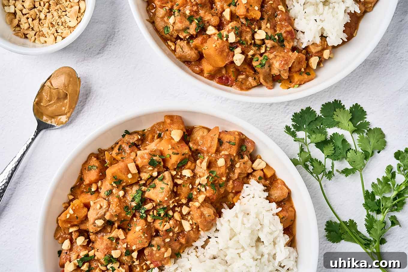 Velvety African Peanut Chicken Pot 6 Two enticing servings of West African chicken peanut stew and perfectly steamed white rice, presented in bowls and elegantly garnished with a scattering of chopped peanuts and fresh cilantro. A small dish with additional peanuts sits nearby.