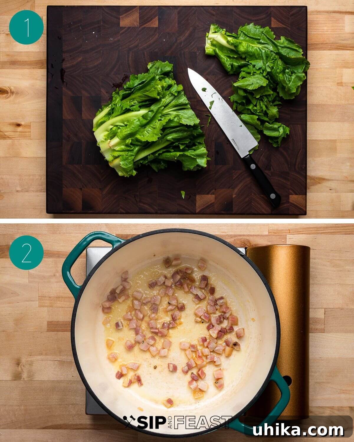 Soulful Escarole and Bean Comfort 4 A visual guide to the initial preparation steps for escarole and white bean soup, showing cleaned escarole, diced celery, onions, garlic, and cubed potatoes.