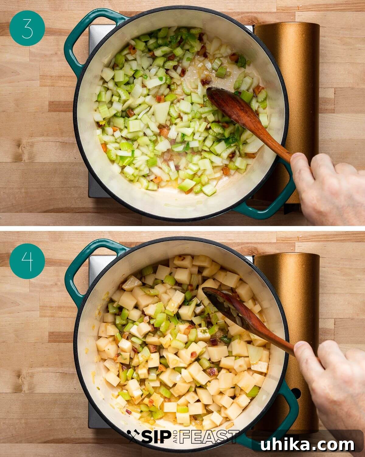 Soulful Escarole and Bean Comfort 5 Process shots illustrating the second stage of escarole and white bean soup preparation: rendering pancetta until crisp, then sautéing diced celery and onions until soft.