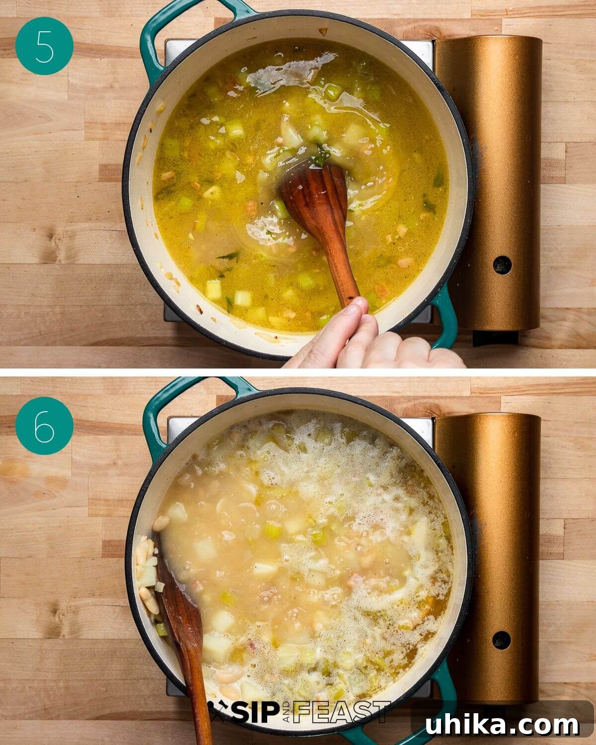Soulful Escarole and Bean Comfort 6 The third set of process images for escarole and white bean soup, showing the addition of potatoes, garlic, chicken stock, cannellini beans, and an optional Parmigiano Reggiano rind to the pot.