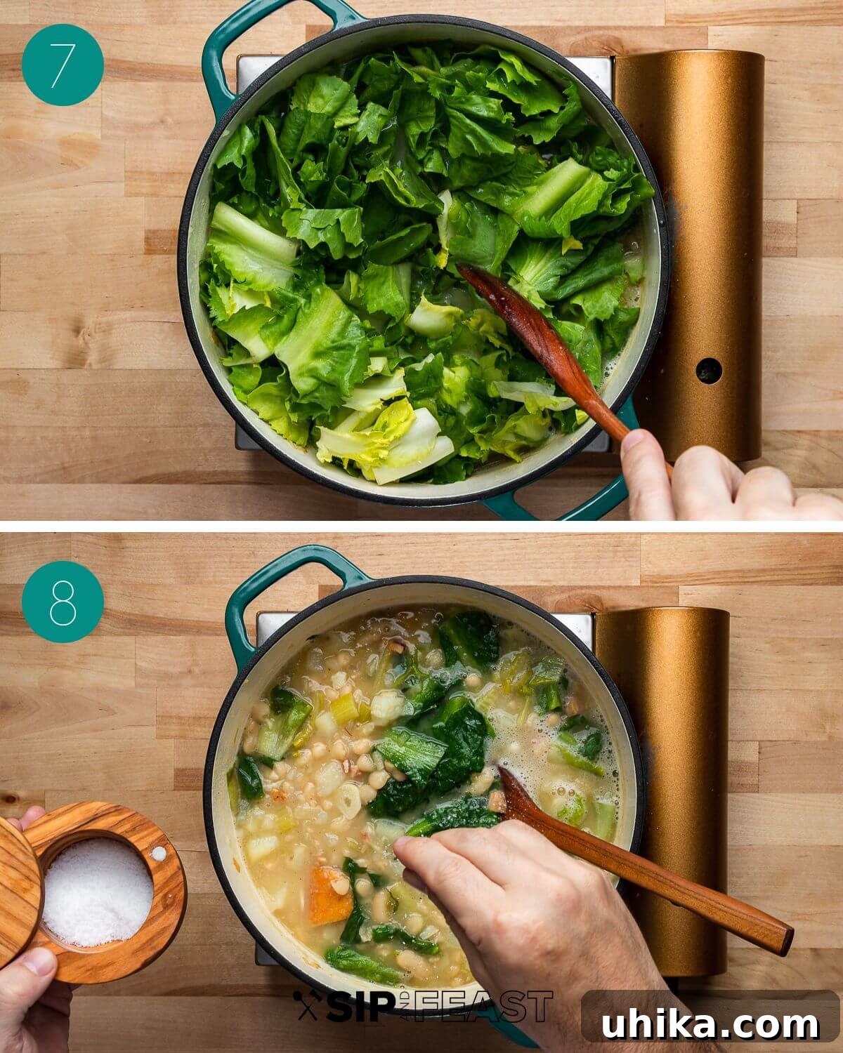Soulful Escarole and Bean Comfort 7 The final stages of escarole and white bean soup preparation shown in a collage: the soup simmering to tender potatoes, followed by the addition of chopped escarole.