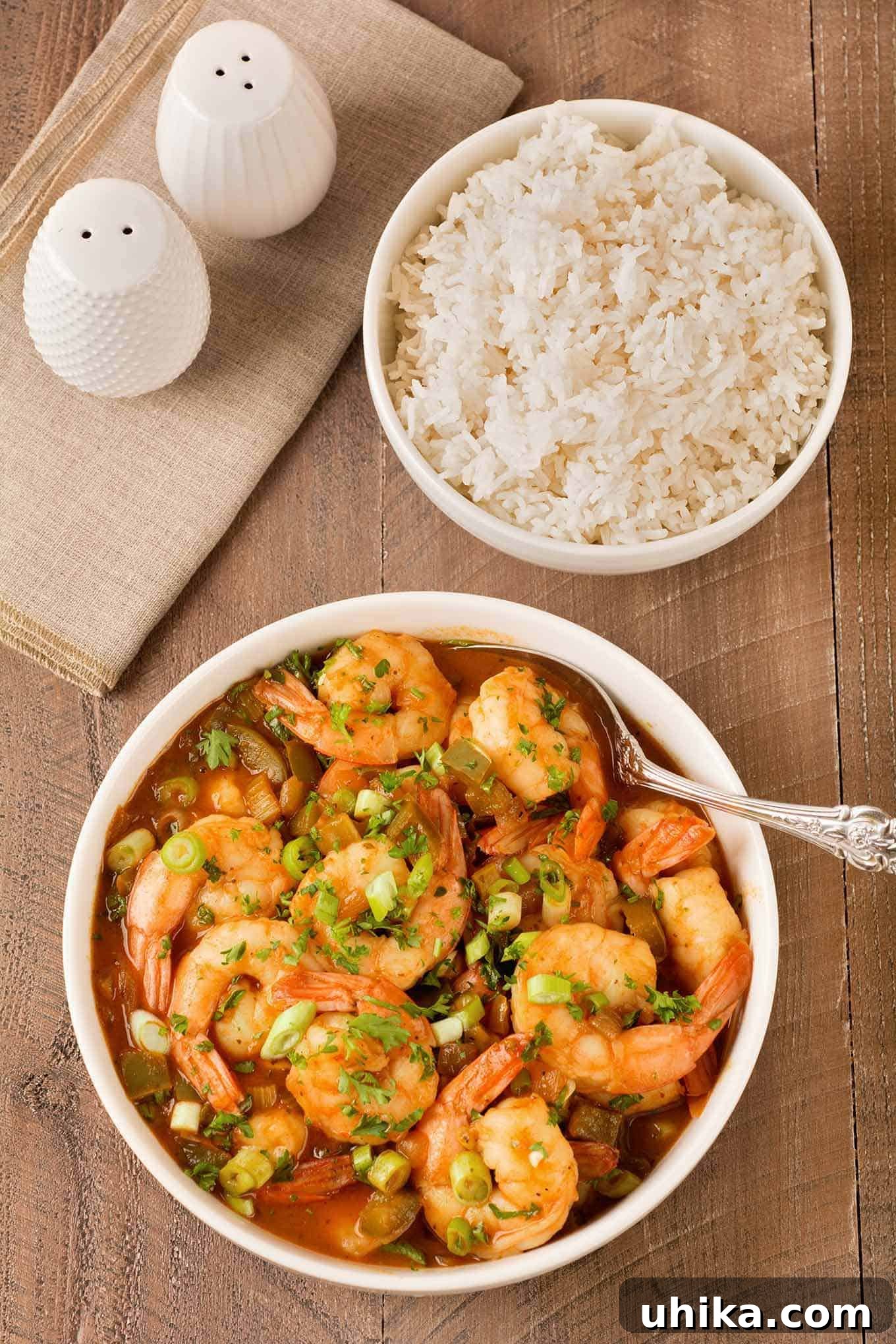 Cajun Shrimp and Rice Skillet 2 An overhead view of a bowl of Louisiana style shrimp stew in gravy with a bowl of steamed white rice and salt and pepper shakers to the rear and side.